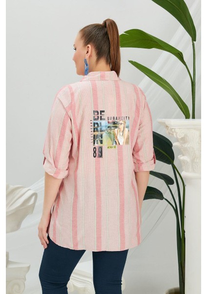 Sırt Baskı Detaylı Büyük Beden Pembe Gömlek modelleri