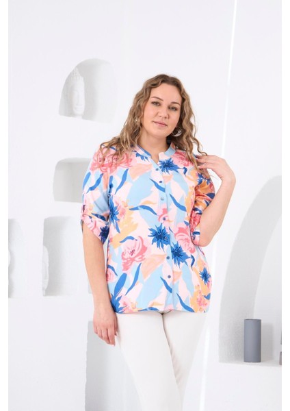 Şıklığın Incisi: Kadın Hakim Yaka Desenli Viskon Kumaş Kol Detaylı Büyük Beden Pudra Gömlek