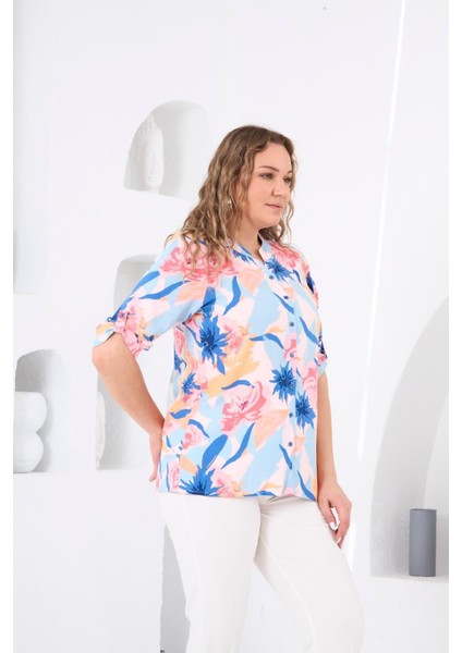Şıklığın Incisi: Kadın Hakim Yaka Desenli Viskon Kumaş Kol Detaylı Büyük Beden Pudra Gömlek fiyatları