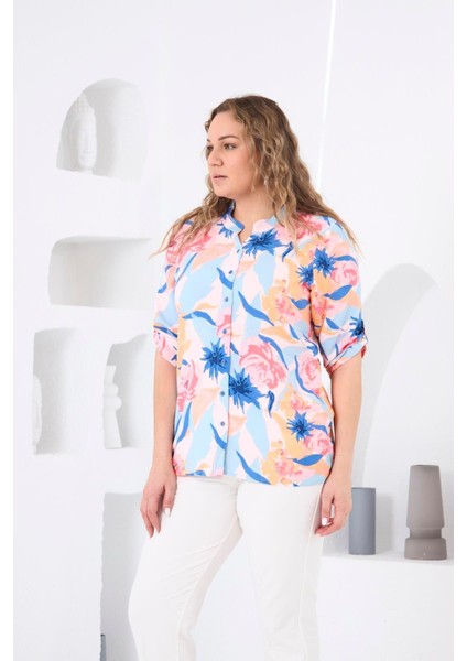 Şıklığın Incisi: Kadın Hakim Yaka Desenli Viskon Kumaş Kol Detaylı Büyük Beden Pudra Gömlek modelleri