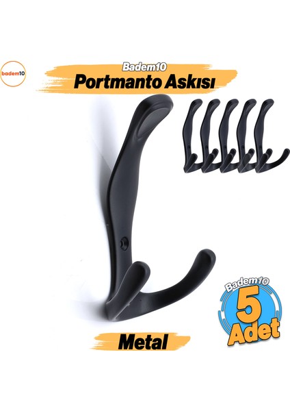 Asya 5 Adet Portmanto Siyah Dolap Askılık Askılığı Duvar Vestiyer Banyo Mutfak Elbise Kıyafet Askısı