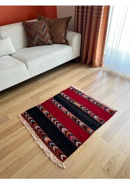 65 x 87 cm Siyah Kırmızı Çizgili Küçük Kilim, Harika Kondisyonlu Vintage Türk Kilim, Renkli Dekoratif Kilim fiyatları