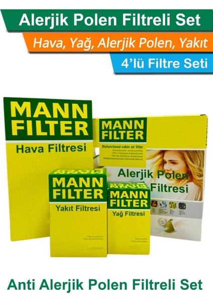 Citroen C3 1.4 Benzinli Mann Filtre Bakım Seti 2003-2009 Hava+Yağ+Yakıt+A.polen