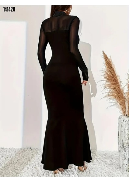 Yeni Sezon Kadın Yarım Balıkçı Yaka Straplezli Uzun Kollu Krep Uzun Elbise
