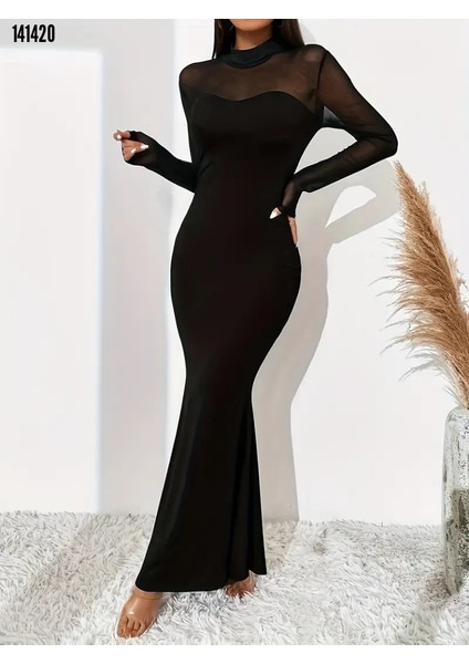 Yeni Sezon Kadın Yarım Balıkçı Yaka Straplezli Uzun Kollu Krep Uzun Elbise fiyatları