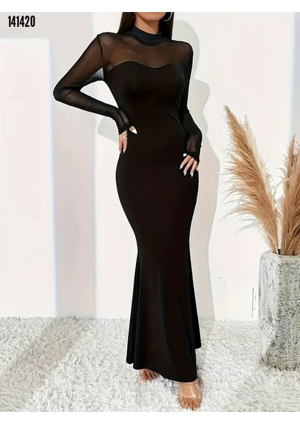 Yeni Sezon Kadın Yarım Balıkçı Yaka Straplezli Uzun Kollu Krep Uzun Elbise modelleri