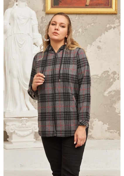 Fermuar Detaylı Büyük Beden Füme Ekose Gömlek modelleri