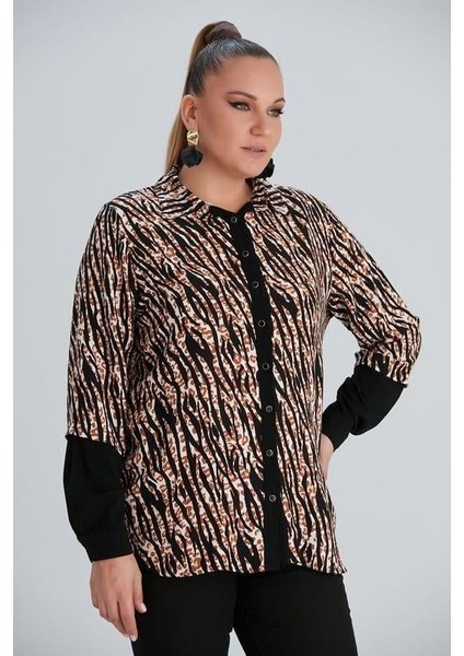 Kol Detaylı Zebra Desenli Büyük Beden Belmando Kumaş Siyah Gömlek fiyatları
