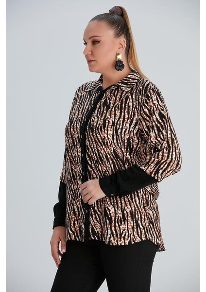 Kol Detaylı Zebra Desenli Büyük Beden Belmando Kumaş Siyah Gömlek modelleri