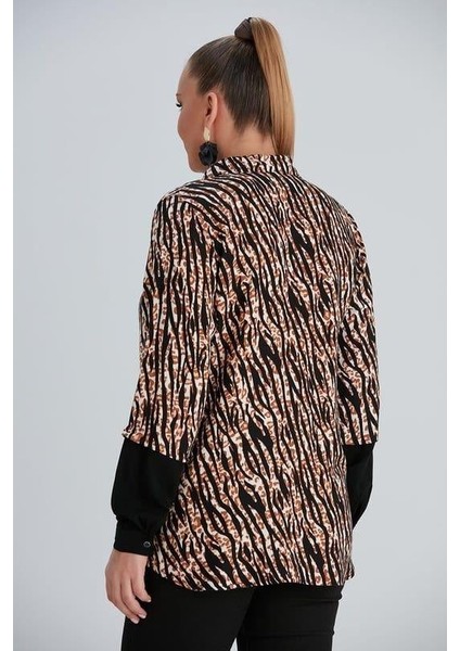 Kol Detaylı Zebra Desenli Büyük Beden Belmando Kumaş Siyah Gömlek fırsatları