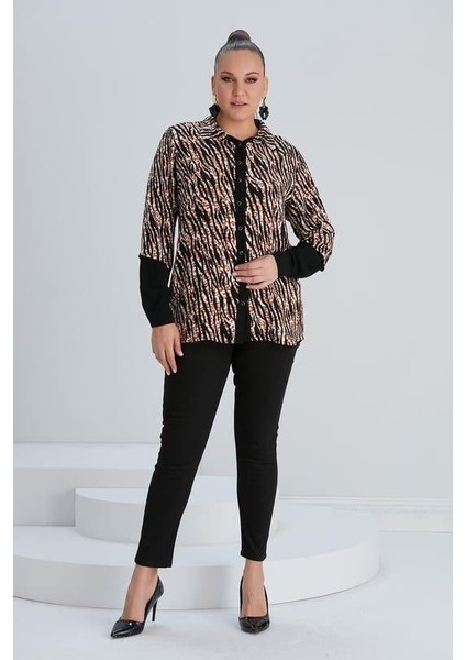 Kol Detaylı Zebra Desenli Büyük Beden Belmando Kumaş Siyah Gömlek indirimleri