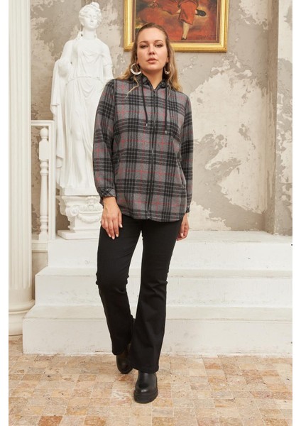 Fermuar Detaylı Büyük Beden Füme Ekose Gömlek indirimleri