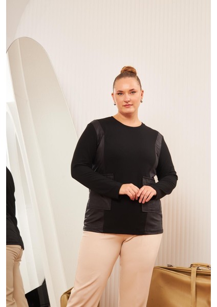 Büyük Beden Kadın Cep Kapak Detaylı Deri Garnili Siyah Triko Bluz – Yumuşak Doku ve Şıklık fiyatları