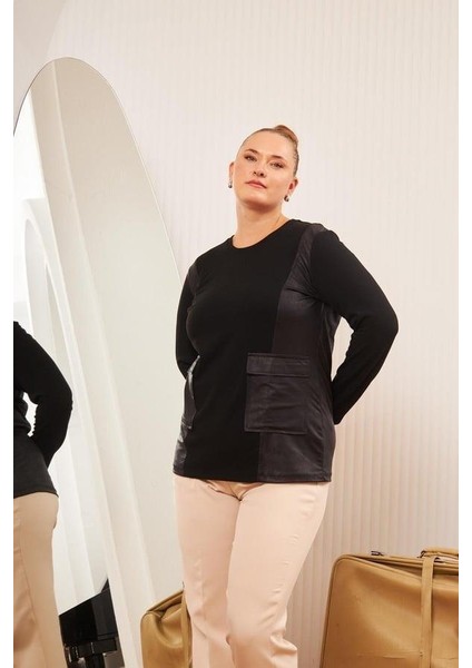 Büyük Beden Kadın Cep Kapak Detaylı Deri Garnili Siyah Triko Bluz – Yumuşak Doku ve Şıklık modelleri