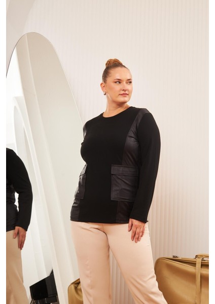 Büyük Beden Kadın Cep Kapak Detaylı Deri Garnili Siyah Triko Bluz – Yumuşak Doku ve Şıklık fırsatları
