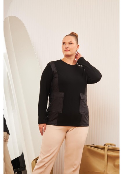 Büyük Beden Kadın Cep Kapak Detaylı Deri Garnili Siyah Triko Bluz – Yumuşak Doku ve Şıklık indirimleri