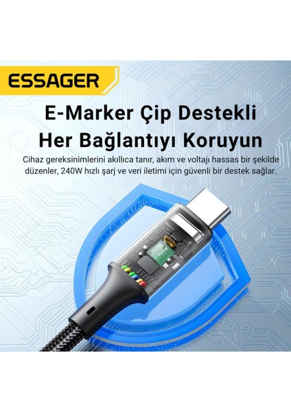 E-Marker Çip 1mt Pd3.1 240W Type-C Şarj Kablosu 480MBPS Şarj Akım Koruma Kablo 48V/5A