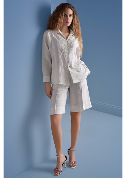 Geniş Paça Ekru Keten Bermuda