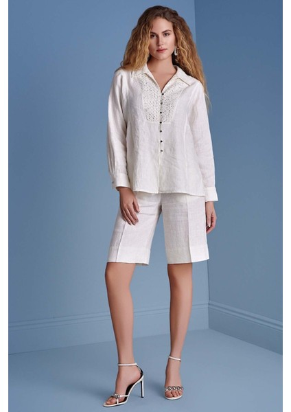 Geniş Paça Ekru Keten Bermuda fiyatları