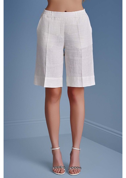 Geniş Paça Ekru Keten Bermuda indirimleri