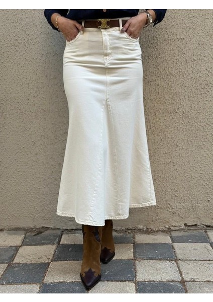 Kontrast Dikişli Denim Midi Etek