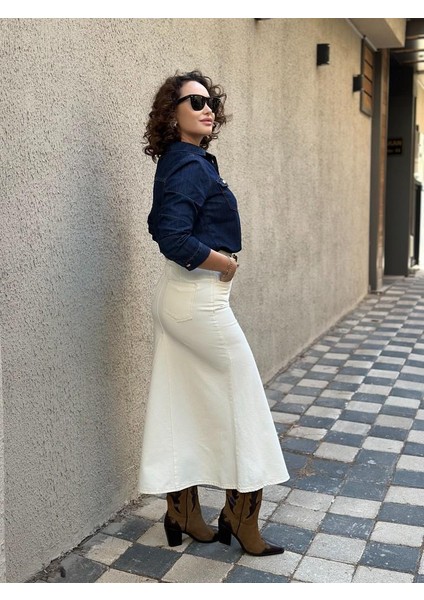 Kontrast Dikişli Denim Midi Etek