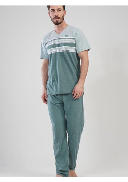 Erkek Büyük Beden V Yaka Kısa Kol Pijama Takım