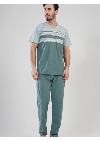 Erkek Büyük Beden V Yaka Kısa Kol Pijama Takım