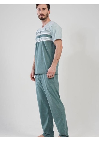 Erkek Büyük Beden V Yaka Kısa Kol Pijama Takım