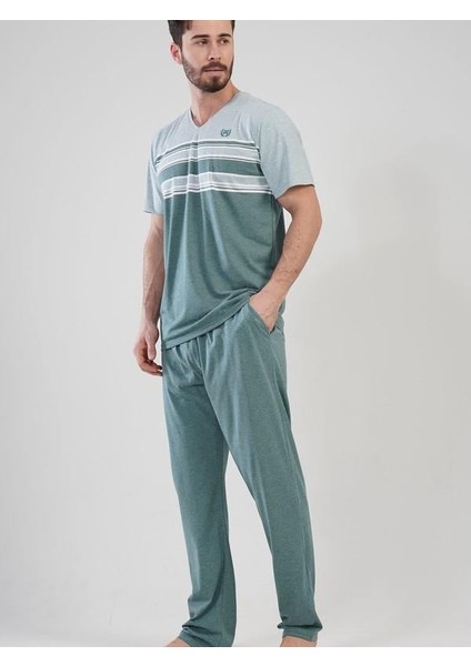 Erkek Büyük Beden V Yaka Kısa Kol Pijama Takım