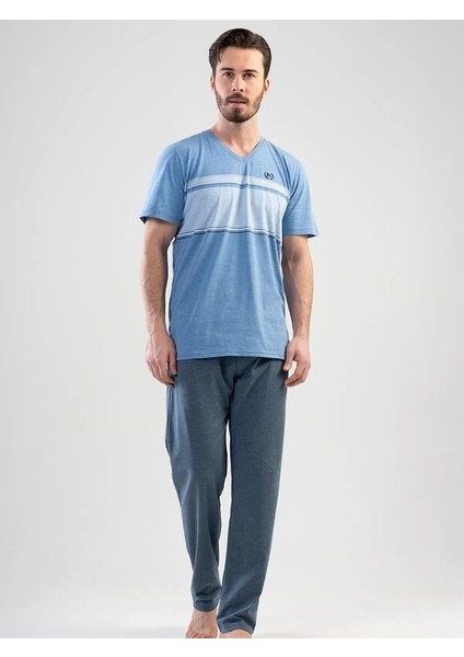 Erkek Büyük Beden V Yaka Kısa Kol Pijama Takım