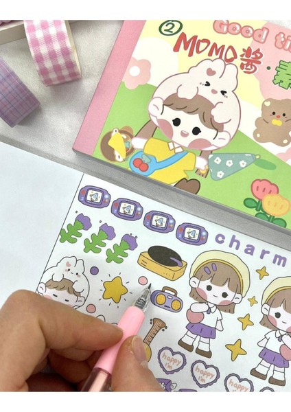 Kawaii 50 Yaprak Pembe Momo Defter Sticker/ Çıkartma/ Defter Süsleme/ Bullet Journal/ Yapışkanlı Eti