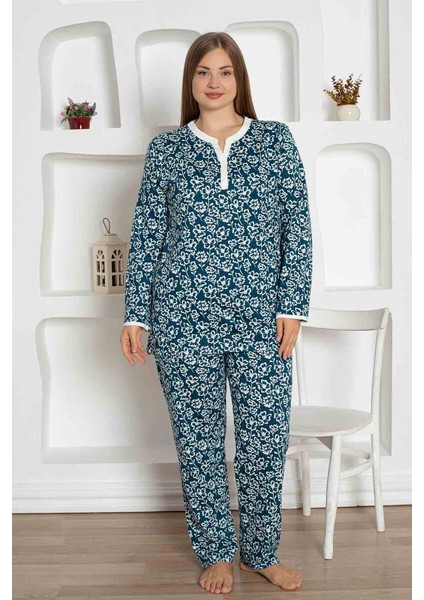 Kadın Çiçek Desen V Açık Yaka Düğmesiz %100 Pamuk Penye Ince Yazlık Uzun Kol Pijama Takımı