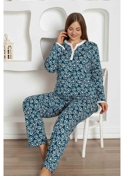 Kadın Çiçek Desen V Açık Yaka Düğmesiz %100 Pamuk Penye Ince Yazlık Uzun Kol Pijama Takımı modelleri