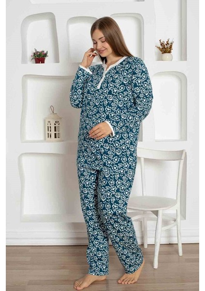 Kadın Çiçek Desen V Açık Yaka Düğmesiz %100 Pamuk Penye Ince Yazlık Uzun Kol Pijama Takımı fırsatları