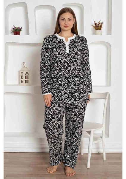 Kadın Çiçek Desen V Açık Yaka Düğmesiz %100 Pamuk Penye Ince Yazlık Uzun Kol Pijama Takımı