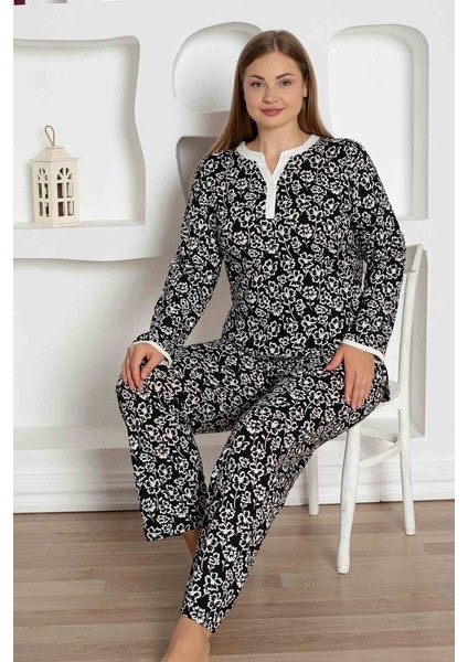 Kadın Çiçek Desen V Açık Yaka Düğmesiz %100 Pamuk Penye Ince Yazlık Uzun Kol Pijama Takımı modelleri