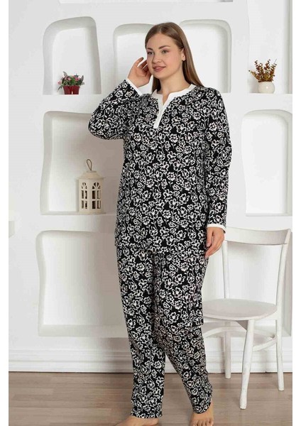 Kadın Çiçek Desen V Açık Yaka Düğmesiz %100 Pamuk Penye Ince Yazlık Uzun Kol Pijama Takımı fırsatları
