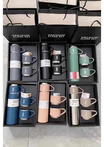 Paslanmaz Çelik Termos 3'lü Set 500 Ml. ( Bardaklı ) Vakumlu Termos Set