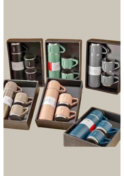 Paslanmaz Çelik Termos 3'lü Set 500 Ml. ( Bardaklı ) Vakumlu Termos Set