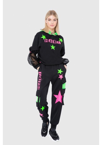 Neon Garnili Yıldız Baskılı Pileli Sweatshirt