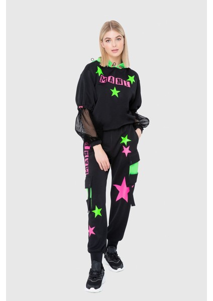 Neon Garnili Yıldız Baskılı Pileli Sweatshirt fiyatları