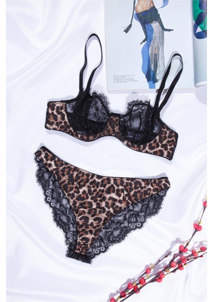 Kadın Leopar Desenli Dantelli Bralet Takım