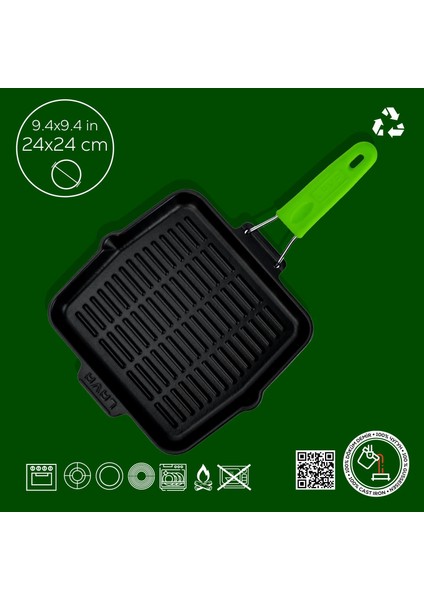 Döküm Kare Sığ Izgara Tavası Silikon Tel Saplı Ölçü 24x24cm.