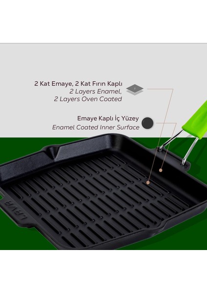 Döküm Kare Sığ Izgara Tavası Silikon Tel Saplı Ölçü 24x24cm.