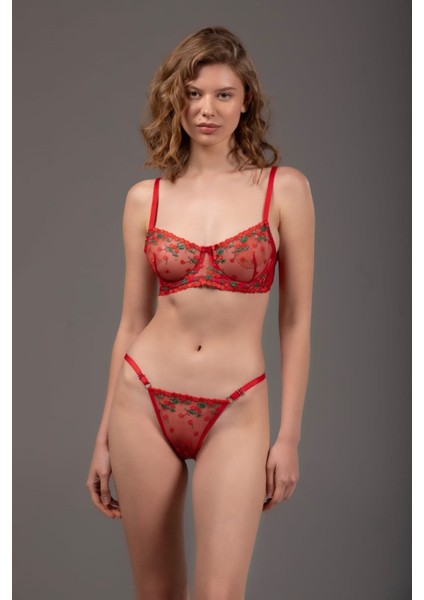 Kadın Kırmızıtransparan Balenli Sütyen Külot/tanga Takımı Iç Çamaşırı Çiçek Nakışlı Takım