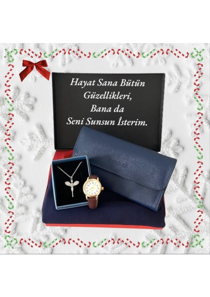 Hediye Seti Bordo Kol Saati-Lacivert Cüzdan-Penye Şal-Melek Kanatlı Çelik Kolye