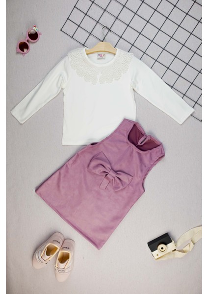 Zarif Bayramlık Kız Çocuk Takım – Dantelli Bluz & Kadife Elbise Prenseslere Özel Kız Çocuk Salopet