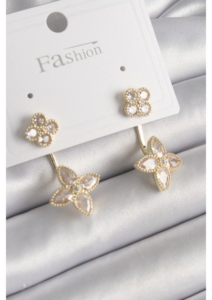 Pirinç Gold Renk Zirkon Taşlı Yonca Model Kadın Küpe