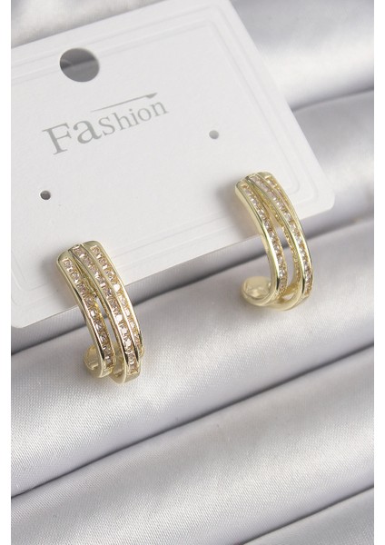 Pirinç Gold Renk Zirkon Taşlı Yarım Halka Model Kadın Küpe